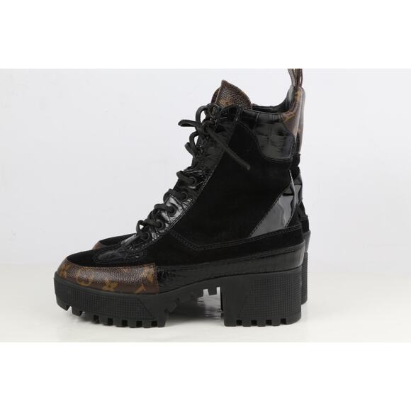 LOUIS VUITTON Boots Suede Monogram Laureate Platform Lace Desert Combat Size 37 - Picture 9 of 16